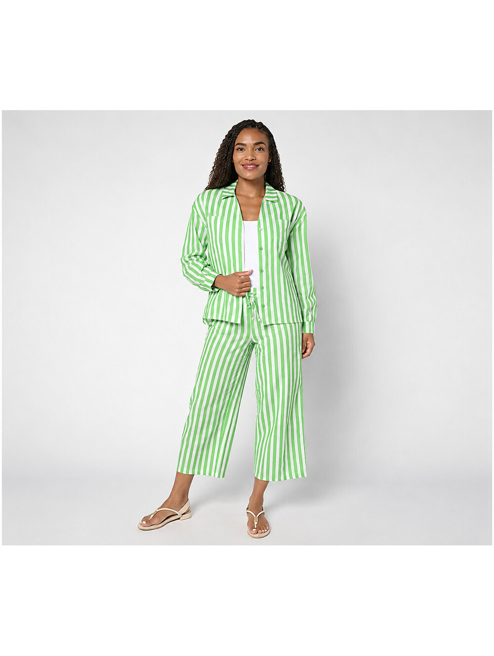 MUK LUKS Collared Long Sleeve and Pant Beach Cover Up Kiwi Stripe, Size 1X